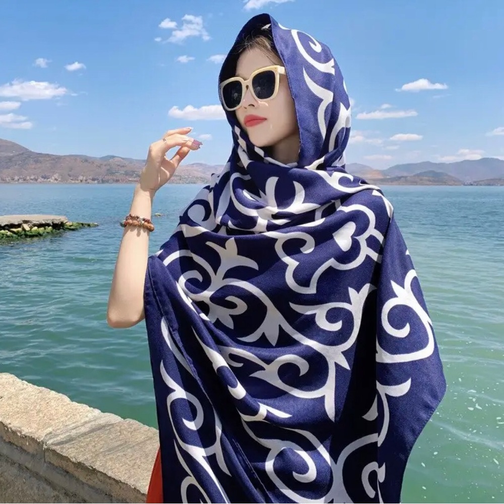 New Extra Soft Silk Polyester Scarf Shawl Navy Blue White